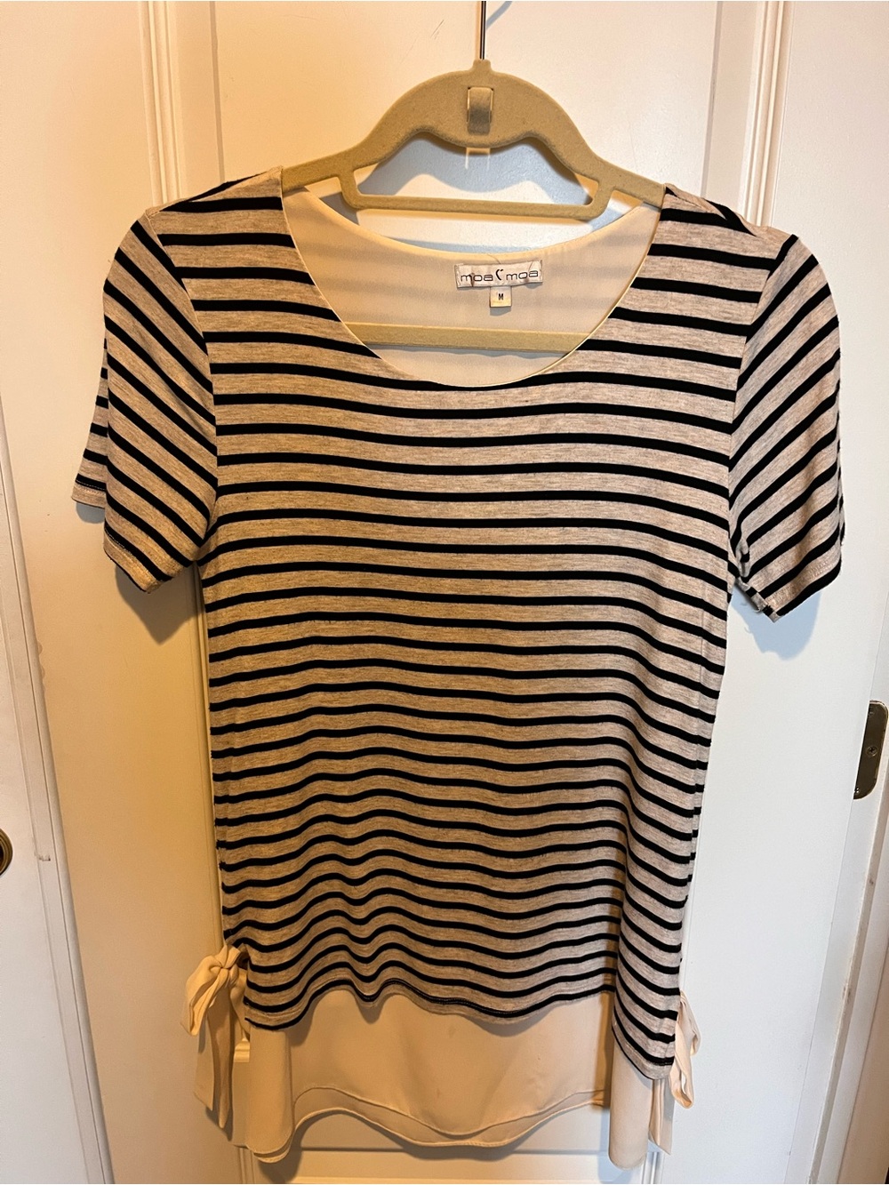 Striped Short-Sleeve Layered Top in Black and Cream